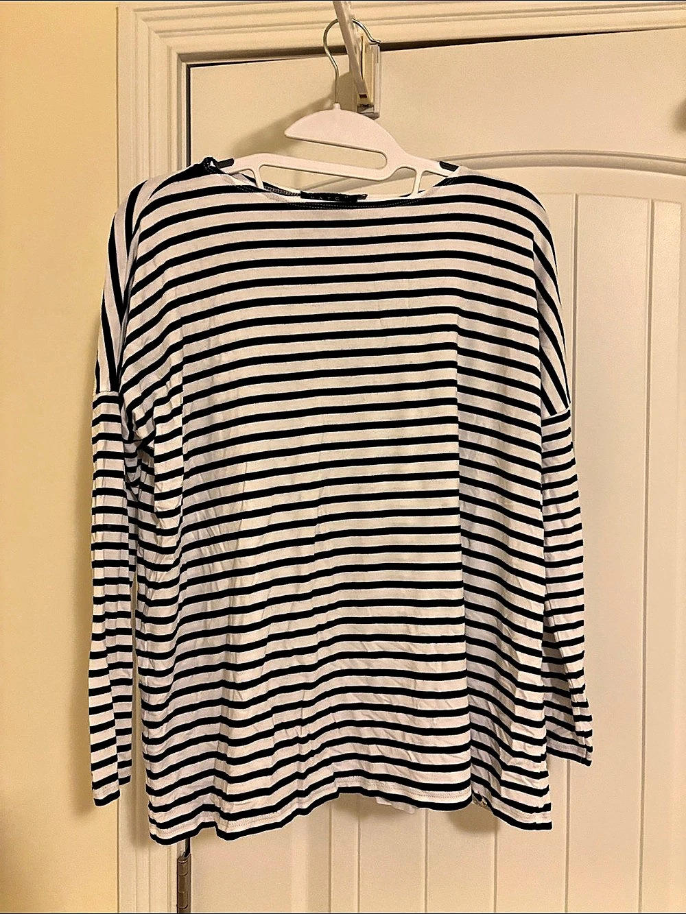 HATCH The Striped Boatneck Tee Long Sleeve Top in Black & Cream